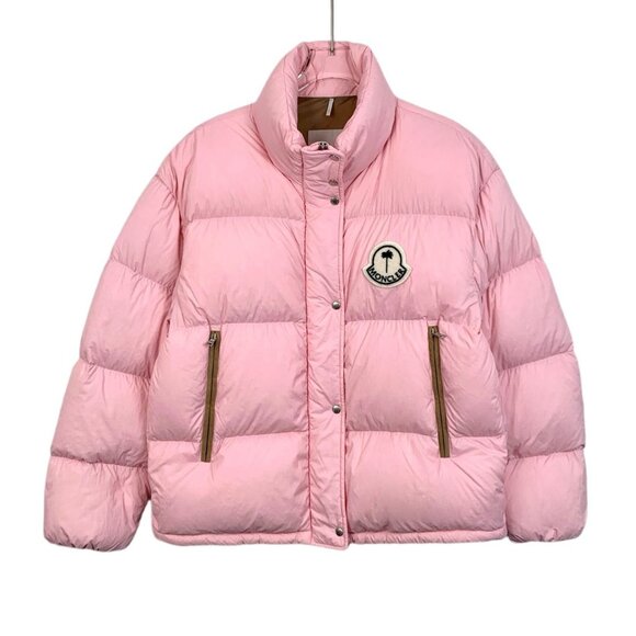 Moncler Womens Pink Down Puffer Jacket With High Neck Zipper & Snap Closures Log - Picture 1 of 8